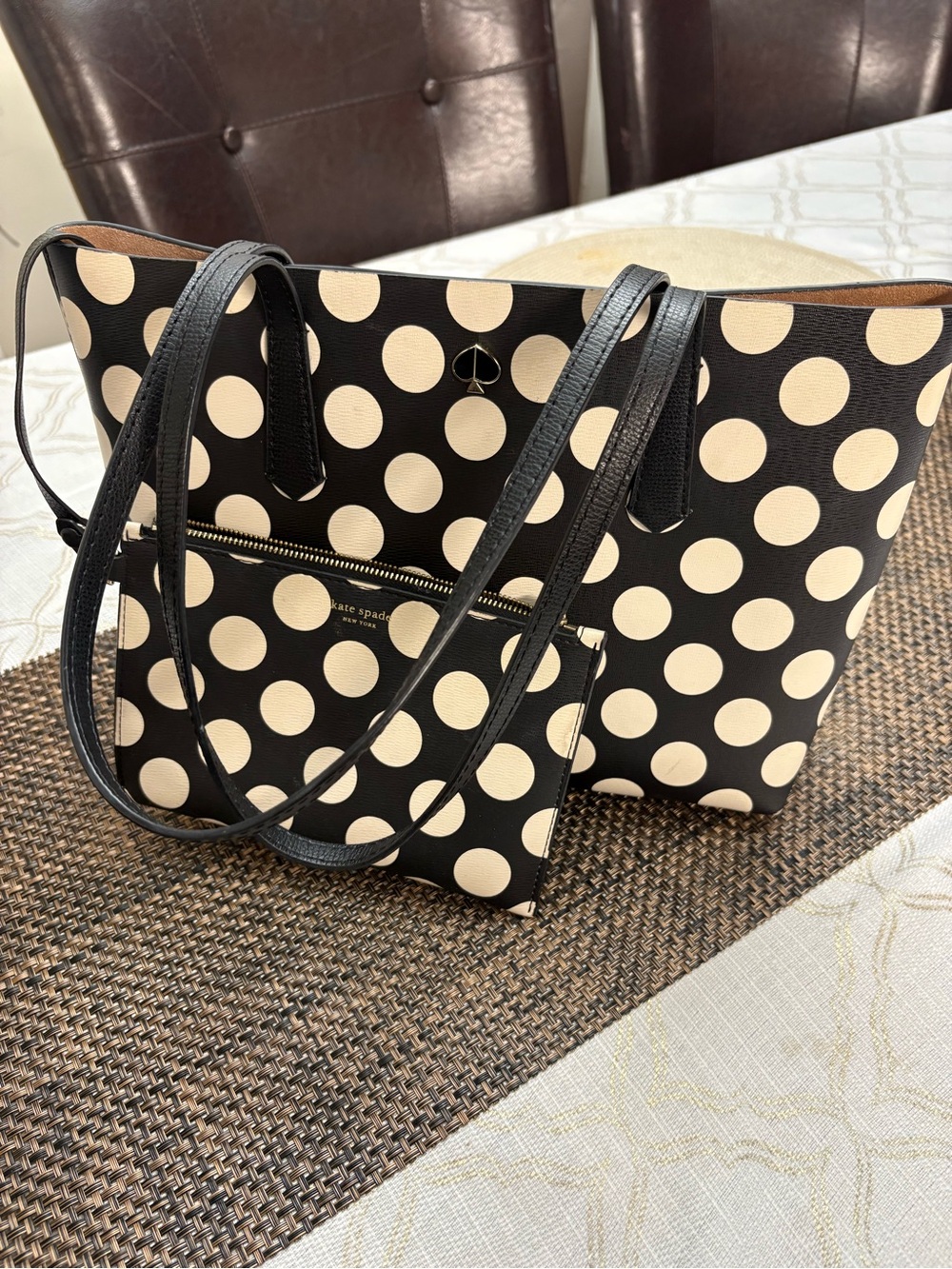 kate spade Black & Cream Polka Dot Tote with Matching Pouch